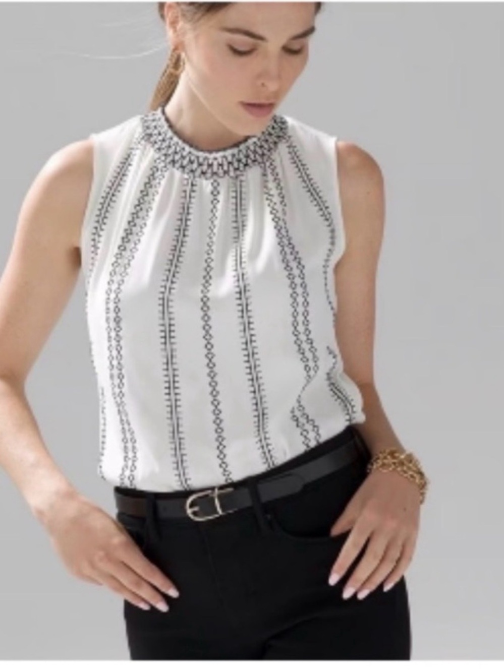 White House Black Market White Sleeveless Mock-Neck Blouse Black Embroidery 8